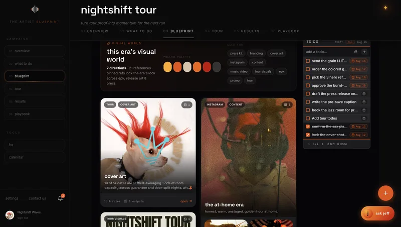 the blueprint tab showing pulled color palette, reference art, and a running to-do list